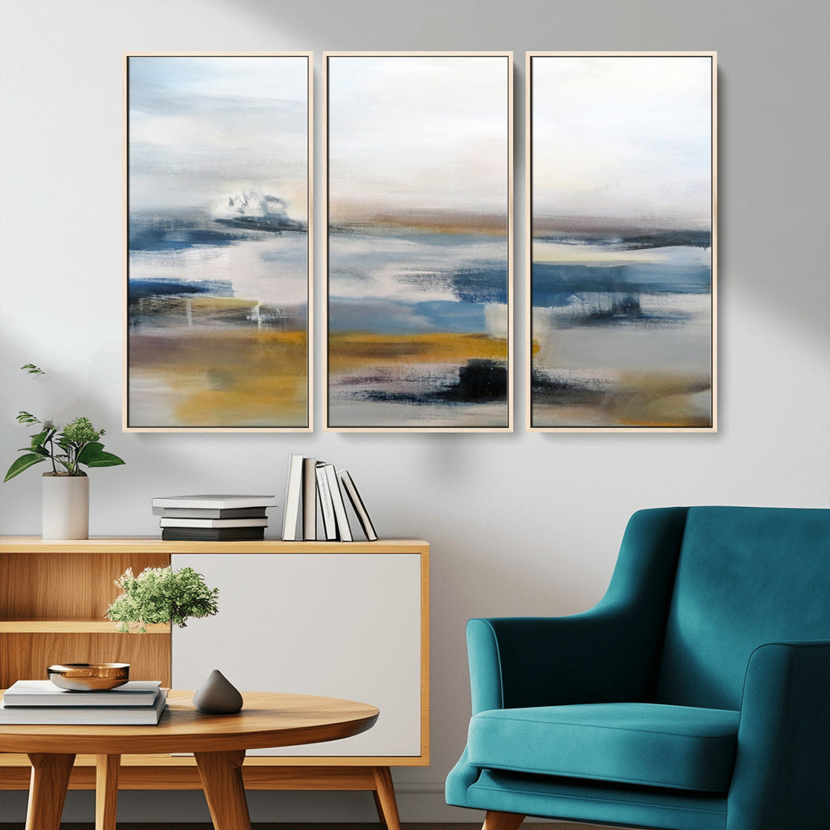Abstract Landscape Wall Art Canvas | 3 Panel Modern Blue, Gold and White Canvas Art