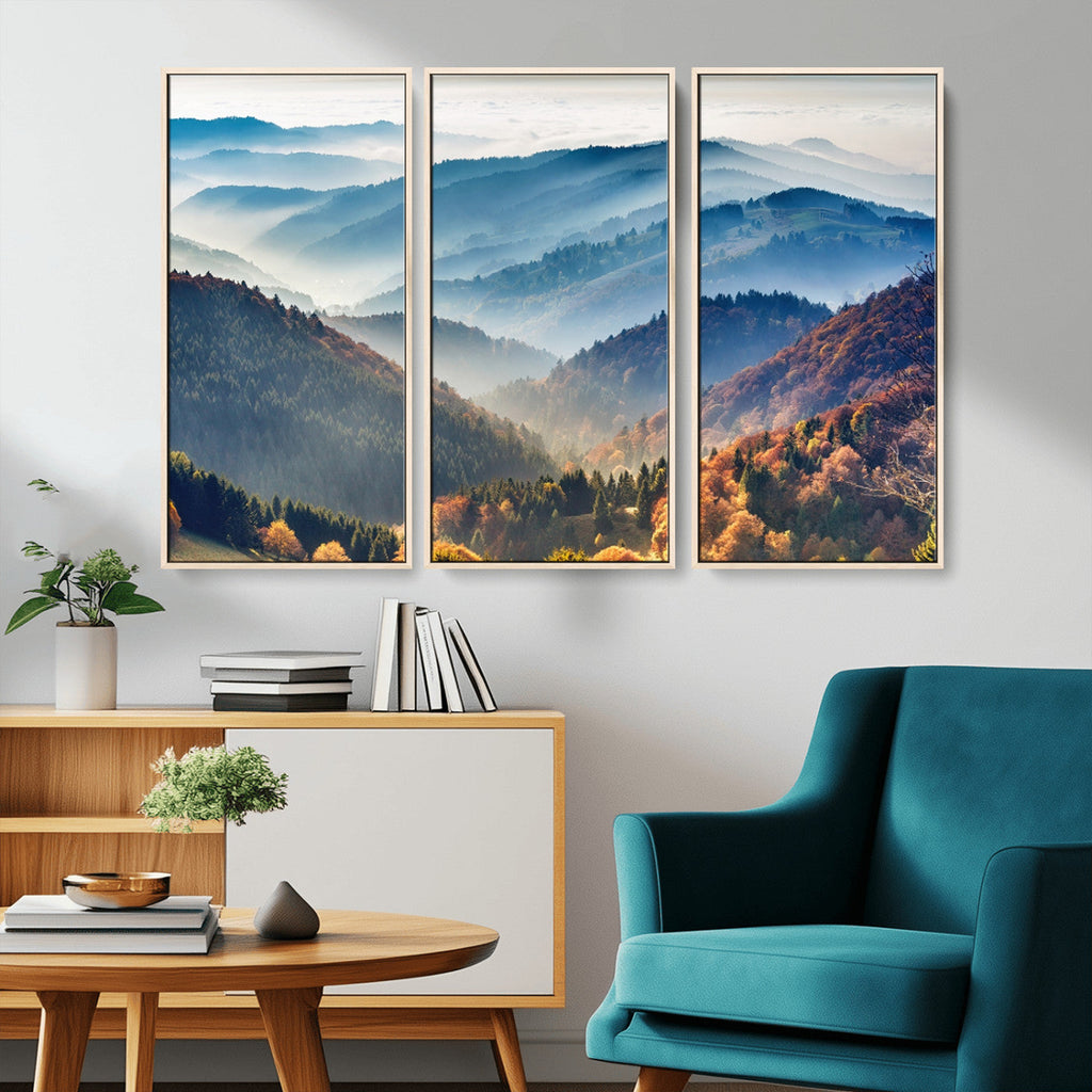 Misty Mountain Sunrise Triptych Canvas Print | Autumn Landscape Wall Art
