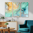 Abstract Aqua and Gold Fluid Wall Art Canvas | 3 Panel Large Canvas Print