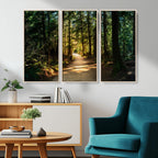 Sunlit Forest Pathway Canvas Print | 3 Panel Large Nature Wall Art