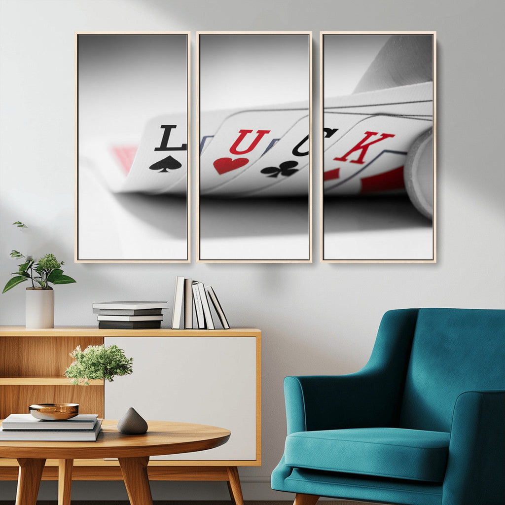 Framed Lucky Poker Cards Canvas | Modern Triptych Wall Art for Game Rooms