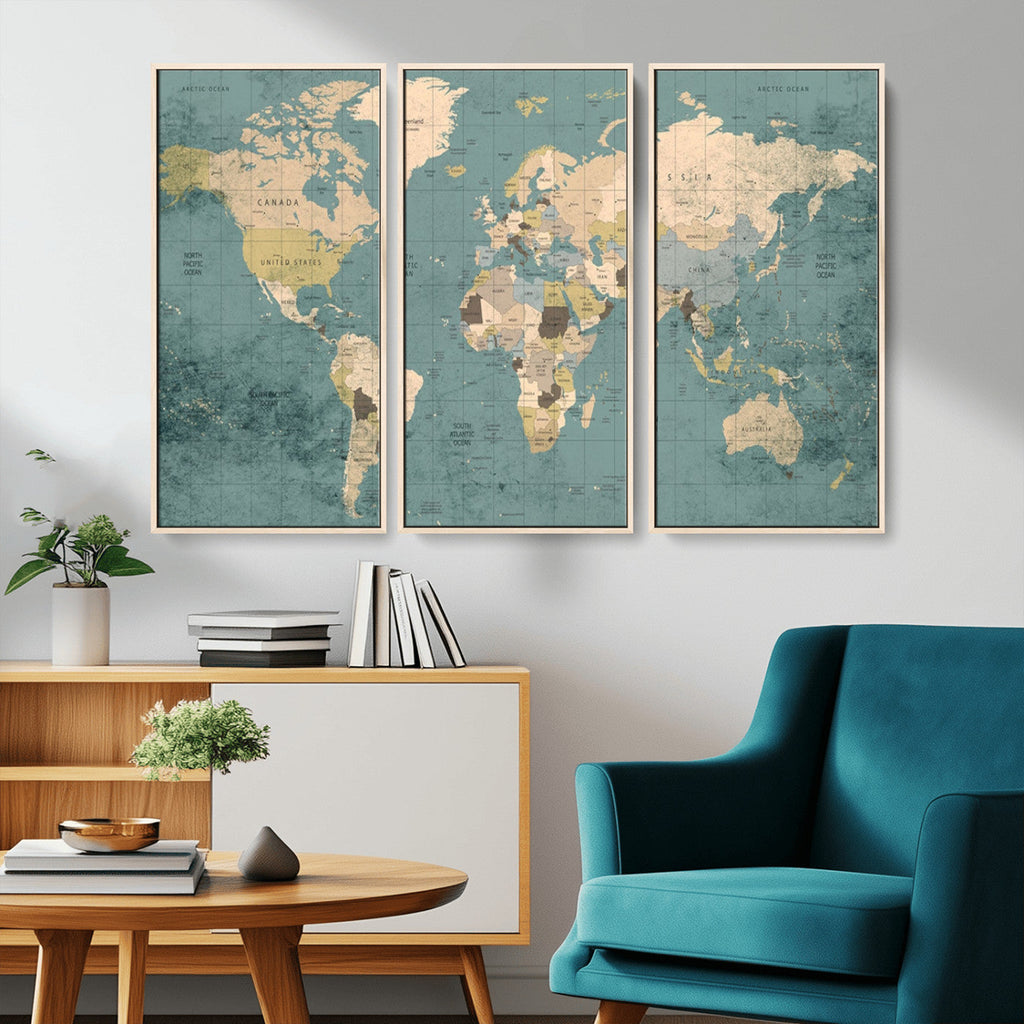 Classic World Map Canvas Print | Framed Vintage Map Wall Art