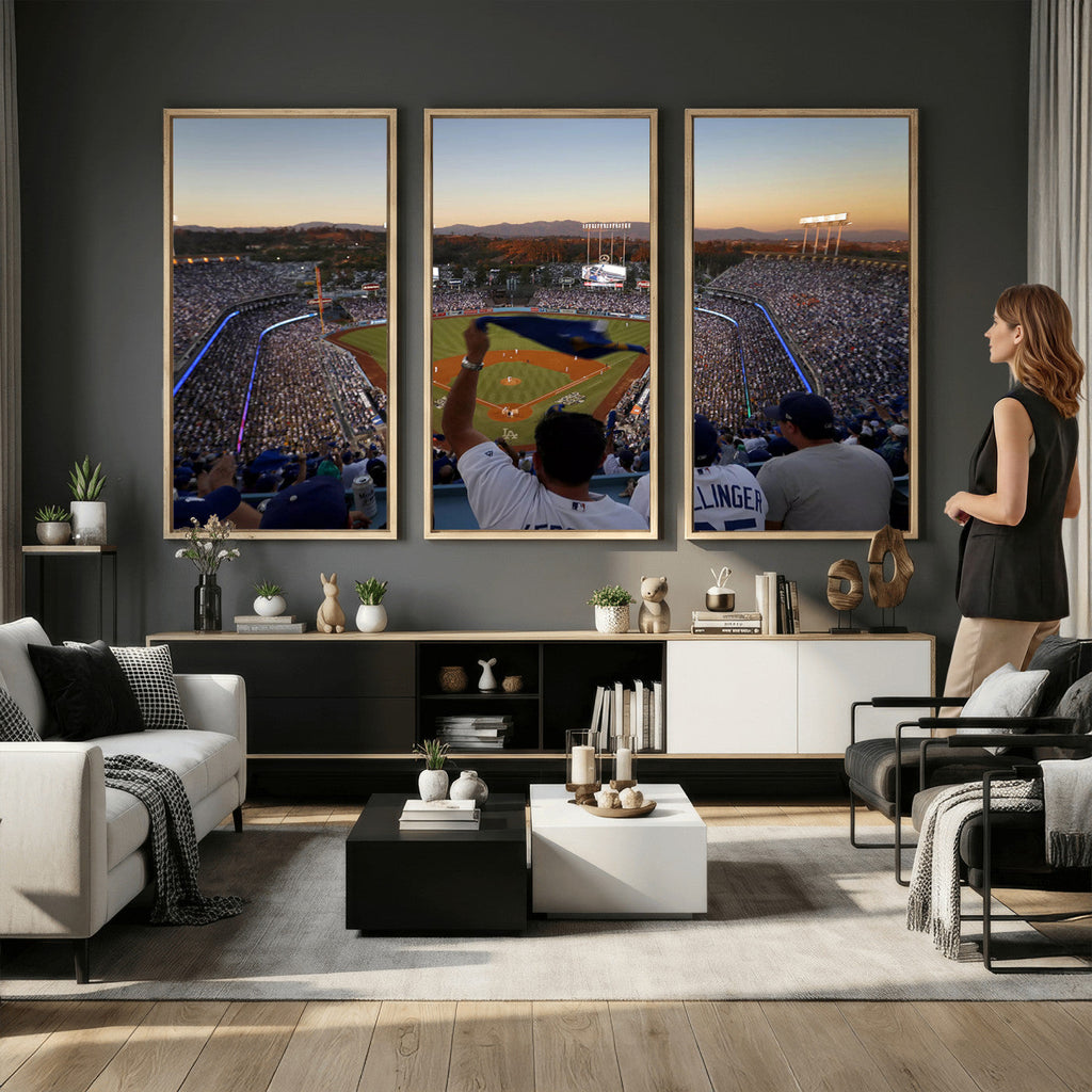 Dodger Stadium Sunset Game Triple Canvas Wall Art, Los Angeles Dodgers MLB Match