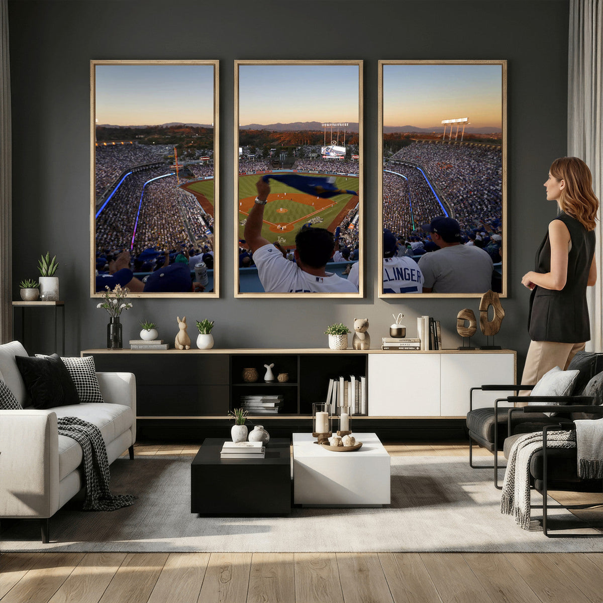 Dodger Stadium Sunset Game Triple Canvas Wall Art, Los Angeles Dodgers MLB Match