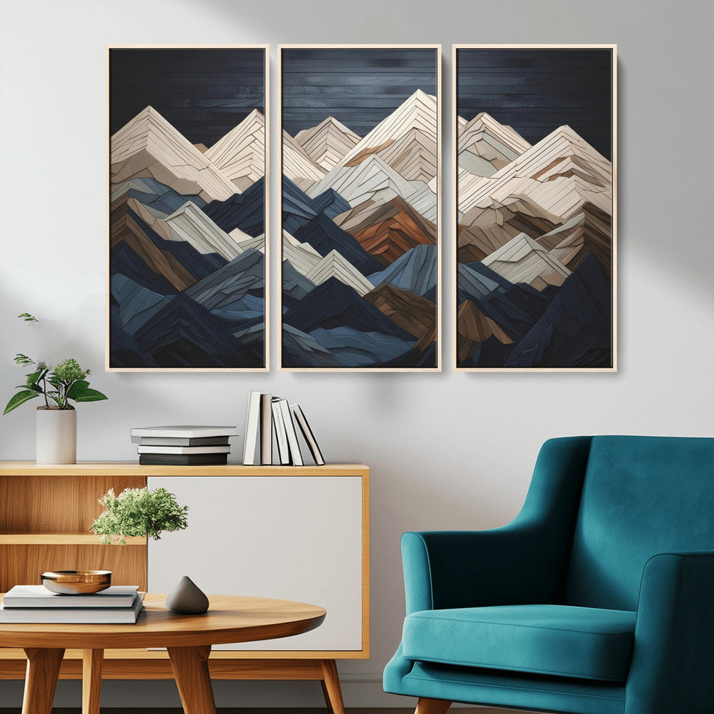 Rustic Mountain Landscape Wall Art Canvas Print, Framed 3D Wooden Effect Mountain Art