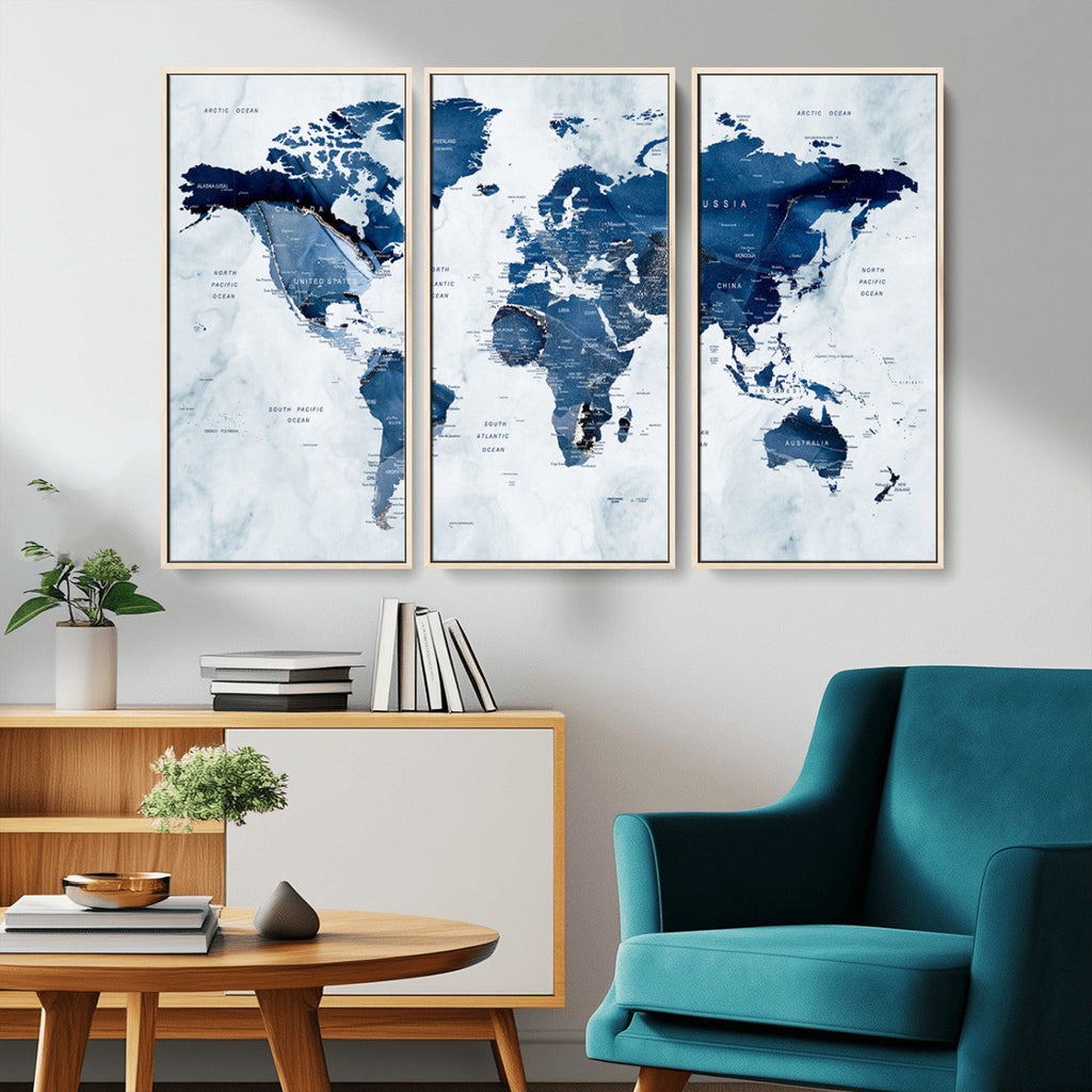 Modern Blue World Map Canvas Print | Elegant Travel Map Wall Art for Home Office