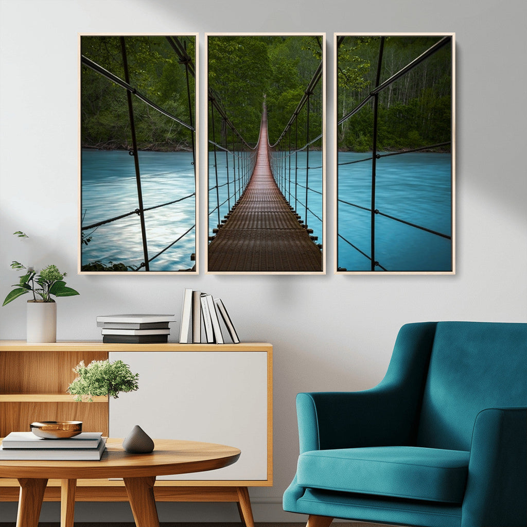 Suspension Bridge Over River Canvas Art | 3-Panel Nature Wall Art