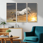 Large Wall Art Canvas Print, White Jumping Horse at Sunset