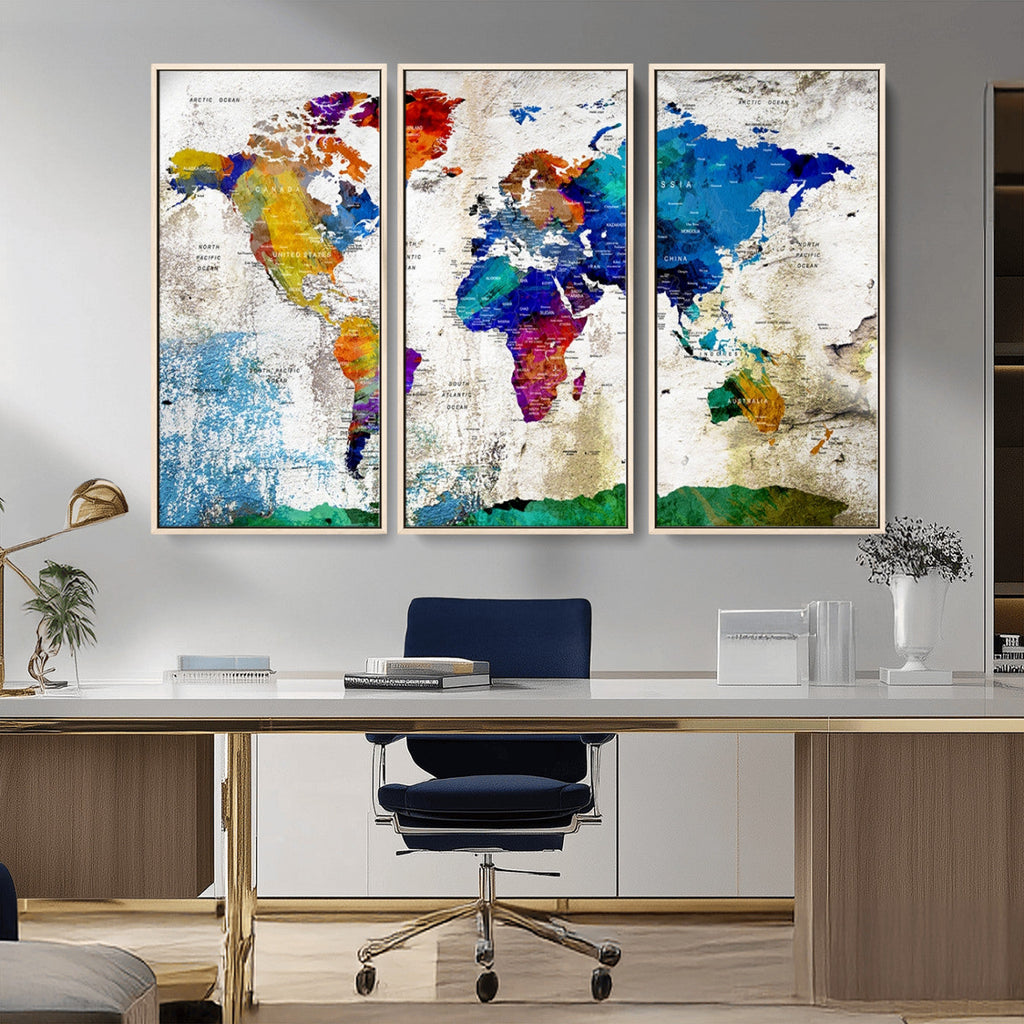 Navy Blue and Orange Watercolor World Map Canvas Print | Framed Travel Map