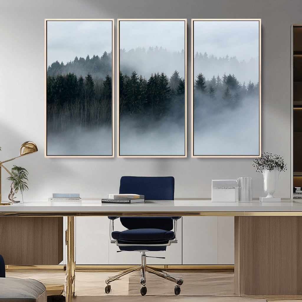 Autumn and Misty Trees in the Forest Wall Art Canvas Print, Foggy Forest Mountain Wall Art
