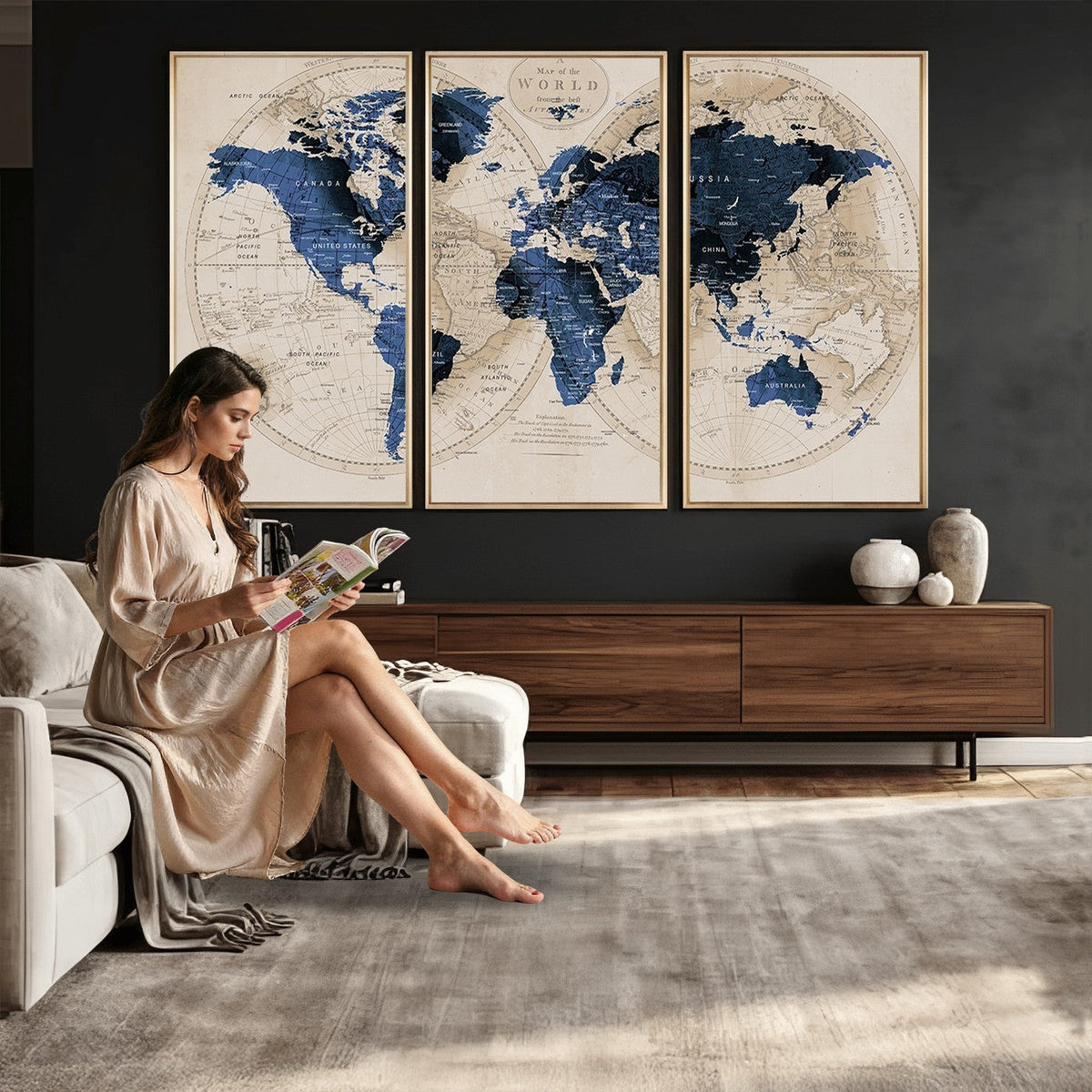 Vintage Blue World Map Canvas Wall Art | Antique Style Framed Map Print