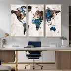 Abstract Earth Tone Blue World Map Canvas Print | Framed Travel Map Wall Art