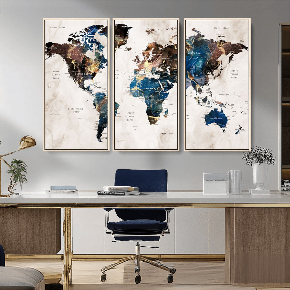 Abstract Earth Tone Blue World Map Canvas Print | Framed Travel Map Wall Art