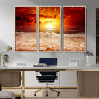 Red Sunset Ocean Beach Canvas Wall Art, Coastal Sunset Print