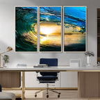 Ocean Wave at Sunset Canvas Art, Large Wall Print of Vibrant Surfing Wave