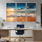 Golden Sunset Beach Triptych Canvas Art, Giclee Coastal Wall Decor, Ocean Waves Print