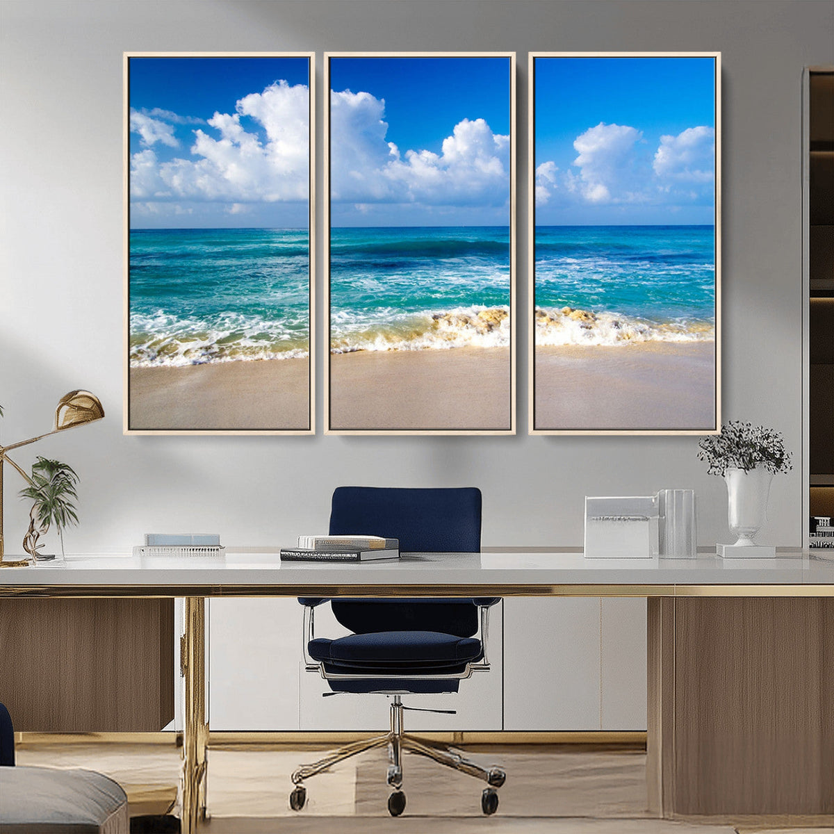 Tropical Beach 3-Panel Canvas Wall Art | Serene Ocean Waves and Blue Sky Print