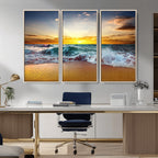 Golden Sunset Ocean Waves Wall Art Canvas Print | Multi Panel Beach Canvas Set, Coastal Triptych