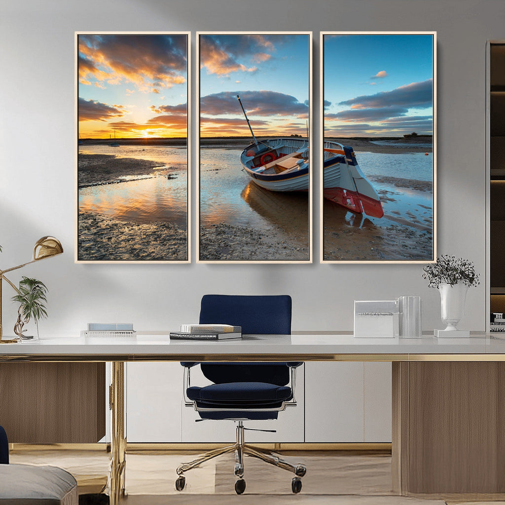Small Boat At The Beach Sunset Wall Art, Boat Sunset Wall Art Canvas Print