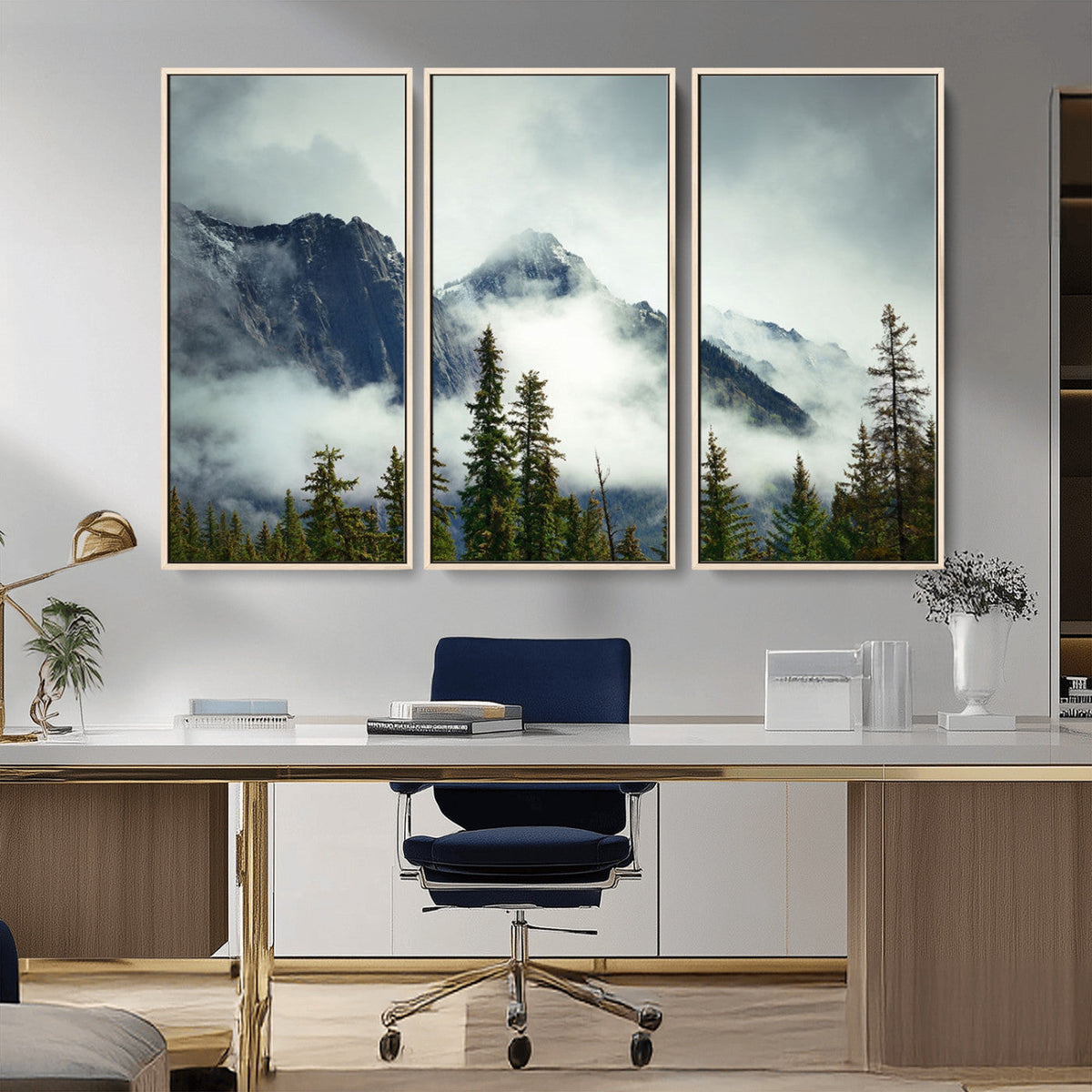 Mountain Mist Canvas Wall Art Print | 3-Panel Foggy Forest and Mountain Landscape