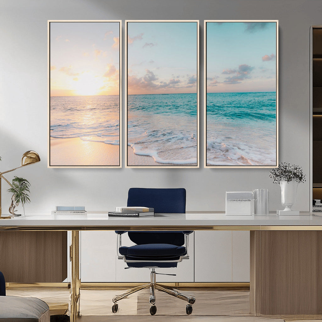Tranquil Ocean Beach Sunset Canvas Wall Art | 3-Panel Coastal Decor