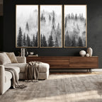 Forest Wall Art Print | Foggy Pine Forest Canvas Wall Art, Black and White Nature Decor