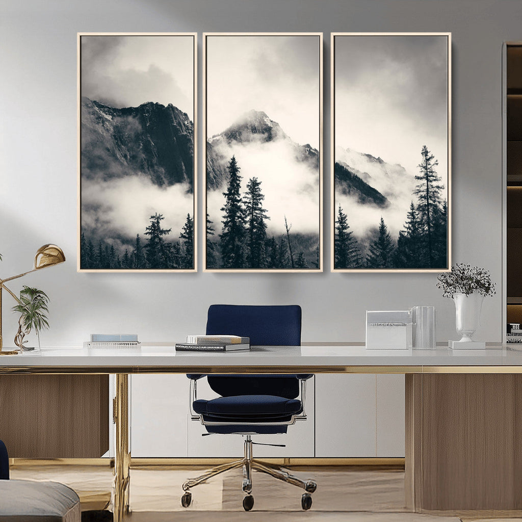 Forest Mountain Print | Black and White Canvas Wall Art with Misty Forest Design
