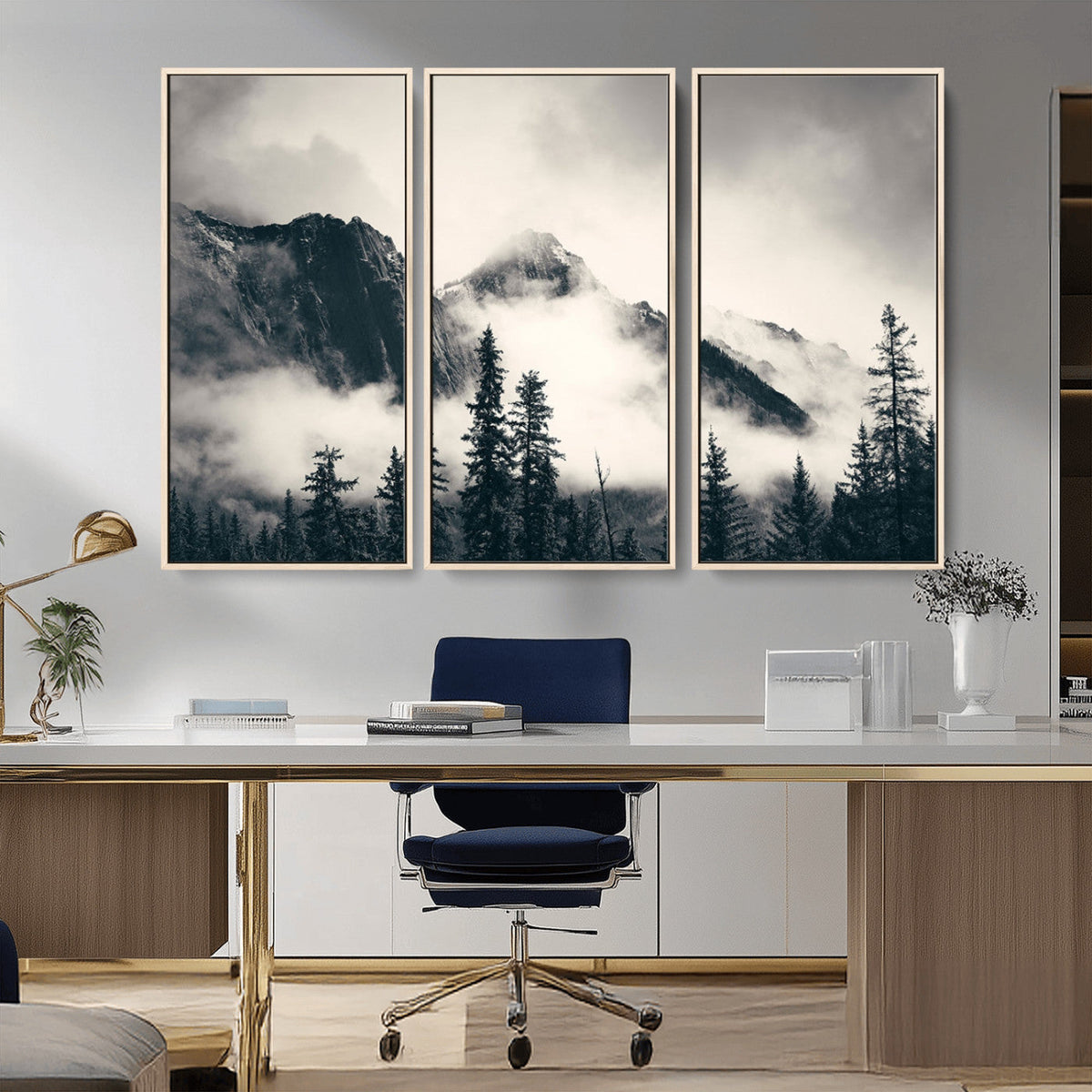 Forest Mountain Print | Black and White Canvas Wall Art with Misty Forest Design