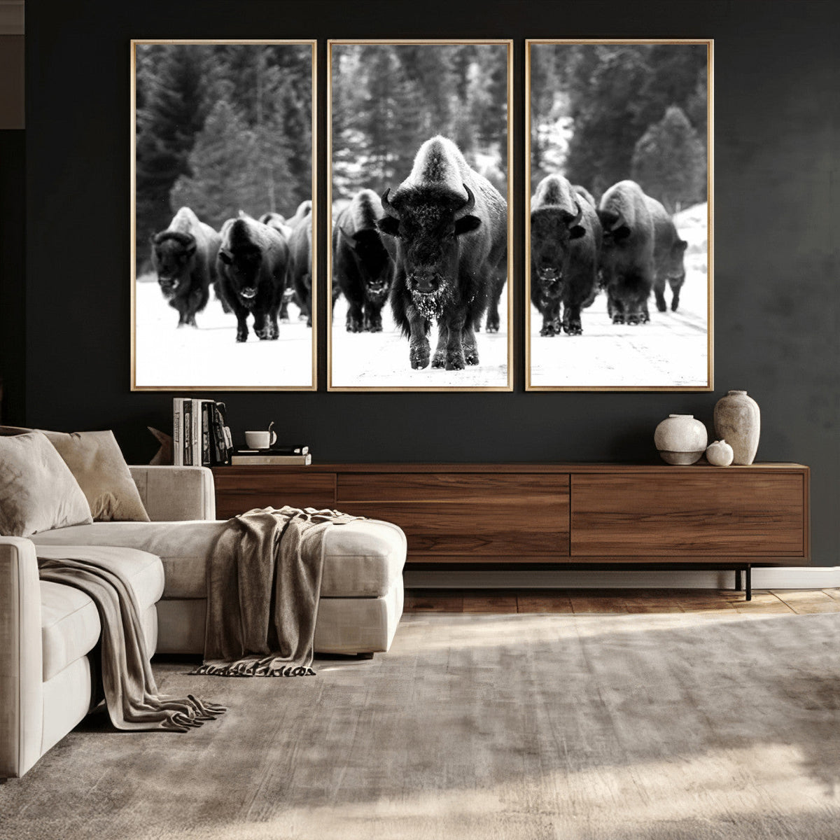 Bison Herd in Snow Wall Art Canvas Print | Rustic Western Bison Wall Art for Living Room and Farmhouse Decor