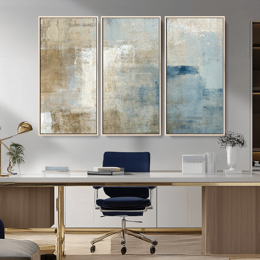Abstract Blue and Beige Wall Art, Modern Minimalist Canvas Print Set