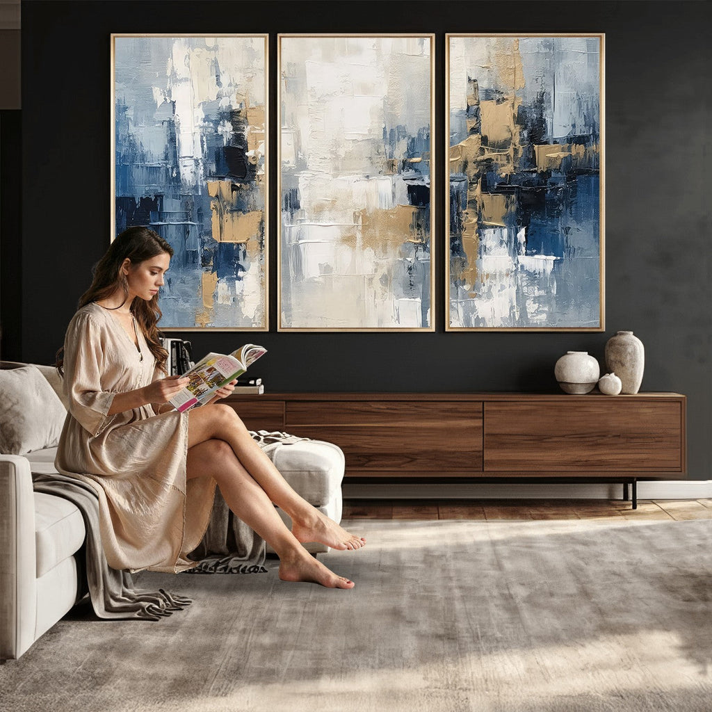 Modern Abstract Canvas Wall Art in Blue and Gold Tones | Large Contemporary Art for Living Room