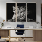 Lion Couple Wall Art Canvas Print, Elegant Black and White Wildlife Portrait