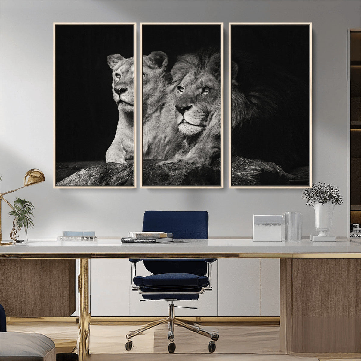 Lion Couple Wall Art Canvas Print, Elegant Black and White Wildlife Portrait