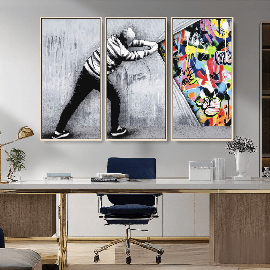 Banksy Art Behind the Curtain Street Wall Art Canvas Print | Urban Graffiti Style Wall Decor