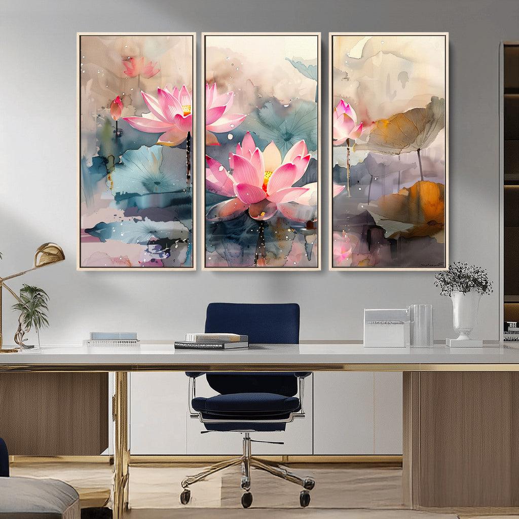 Lotus Flower Wall Art | 3 Panel Giclee Canvas Print of Pink Lotus Blossoms