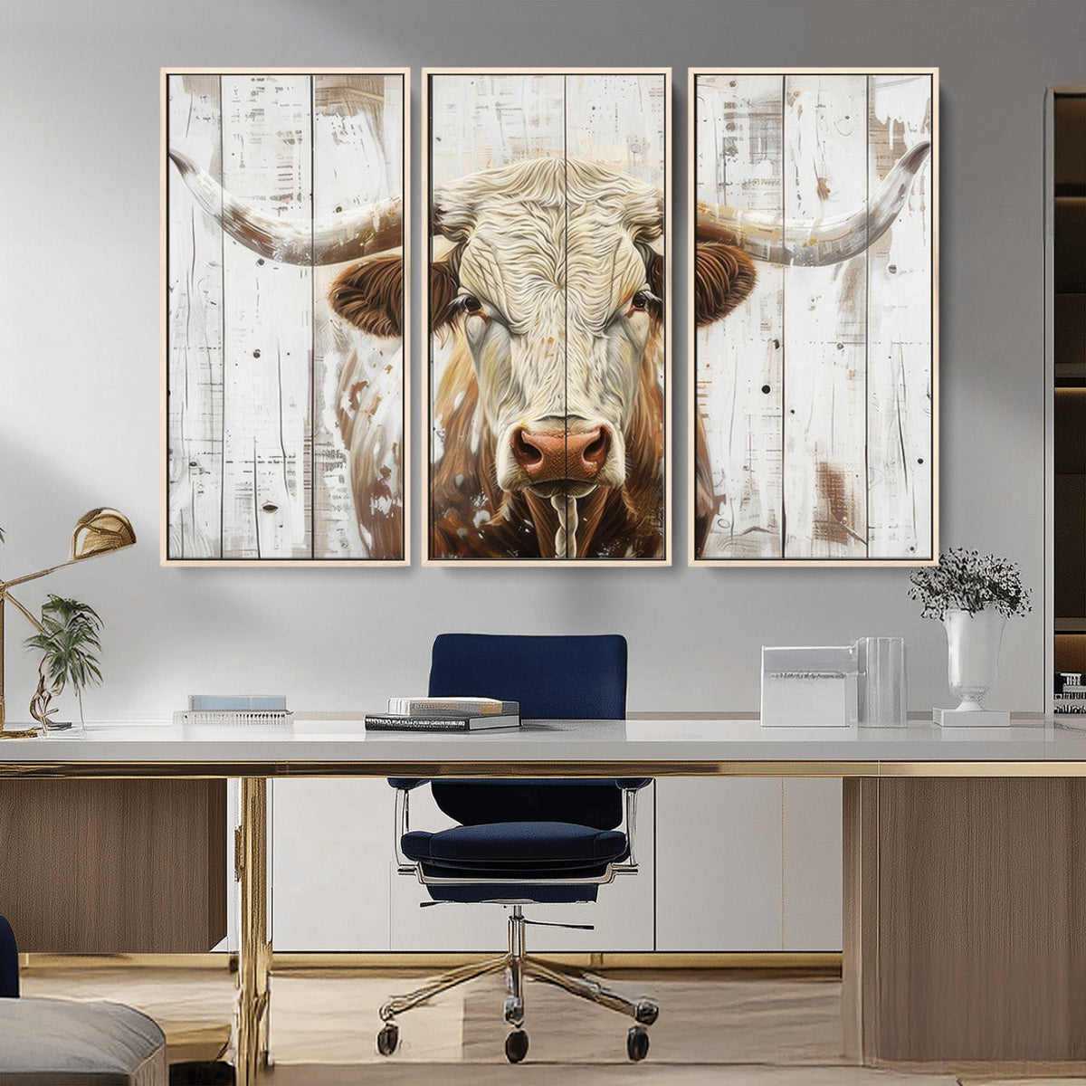 Rustic Longhorn Bull Wall Art Canvas Set