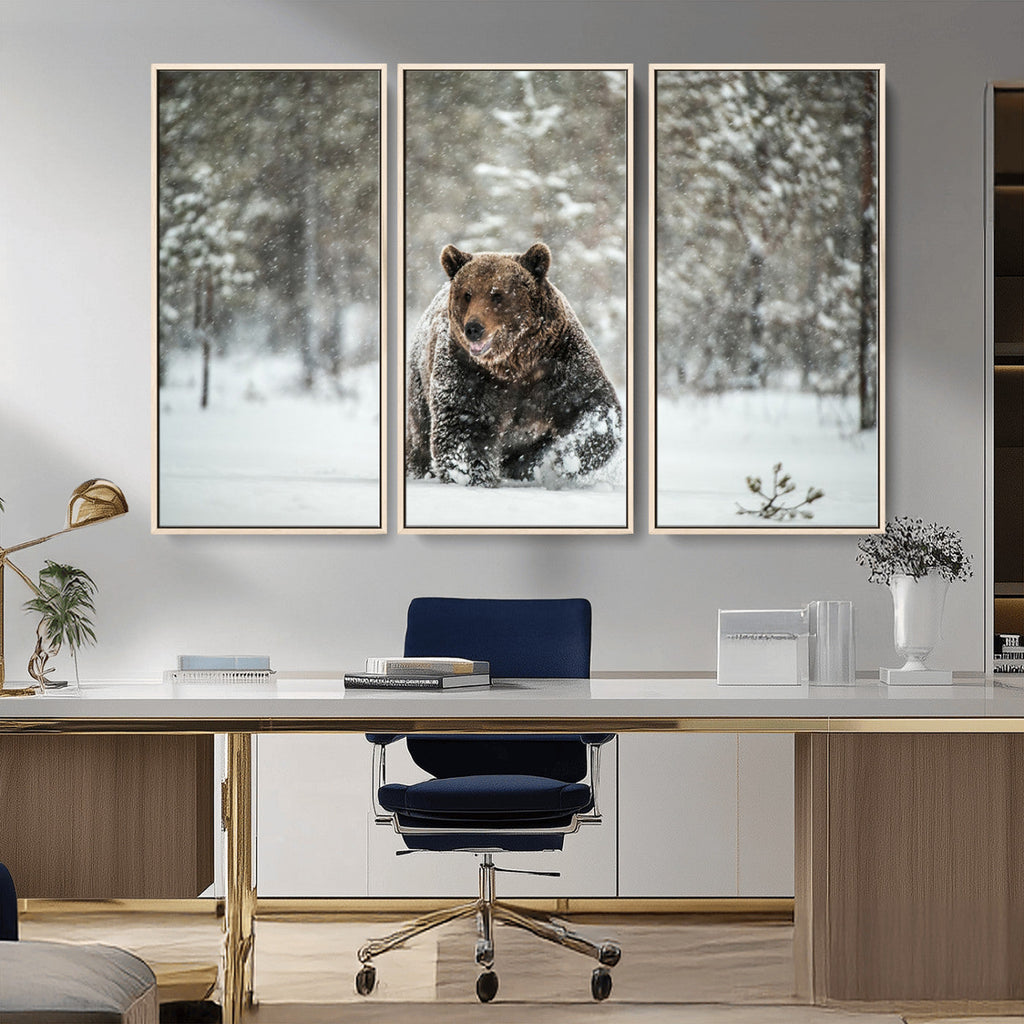 Grizzly Bear Wall Art | Framed Snowy Forest Canvas Artwork