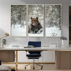 Grizzly Bear Wall Art | Framed Snowy Forest Canvas Artwork