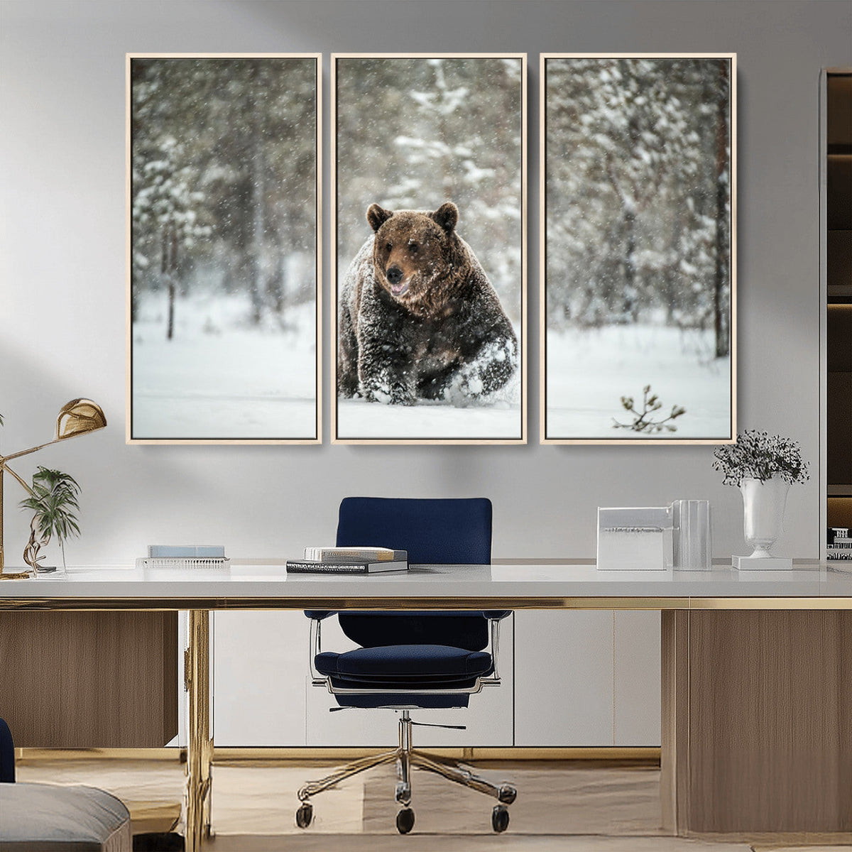 Grizzly Bear Wall Art | Framed Snowy Forest Canvas Artwork