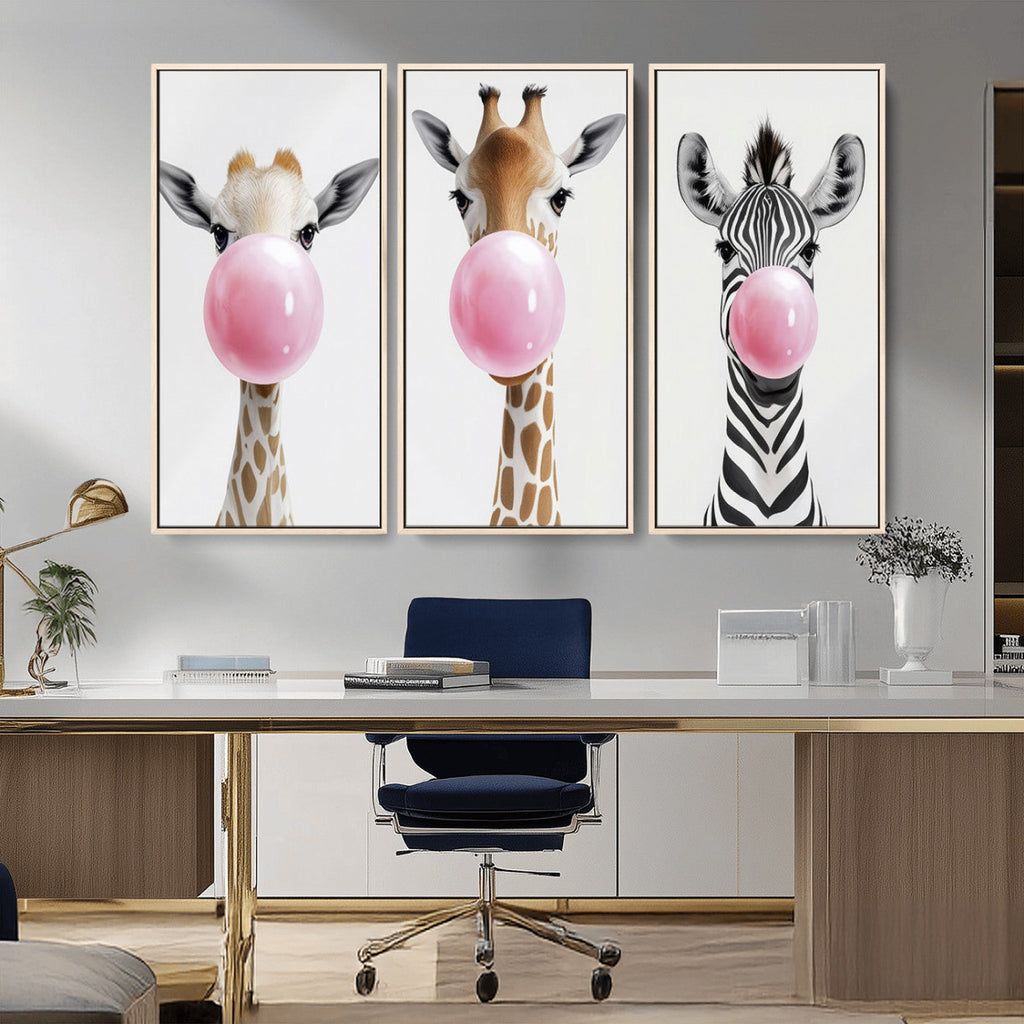 Bubblegum Animals Canvas Wall Art, Playful Giraffe and Zebra Trio, Whimsical Nursery and Kids Room Decor