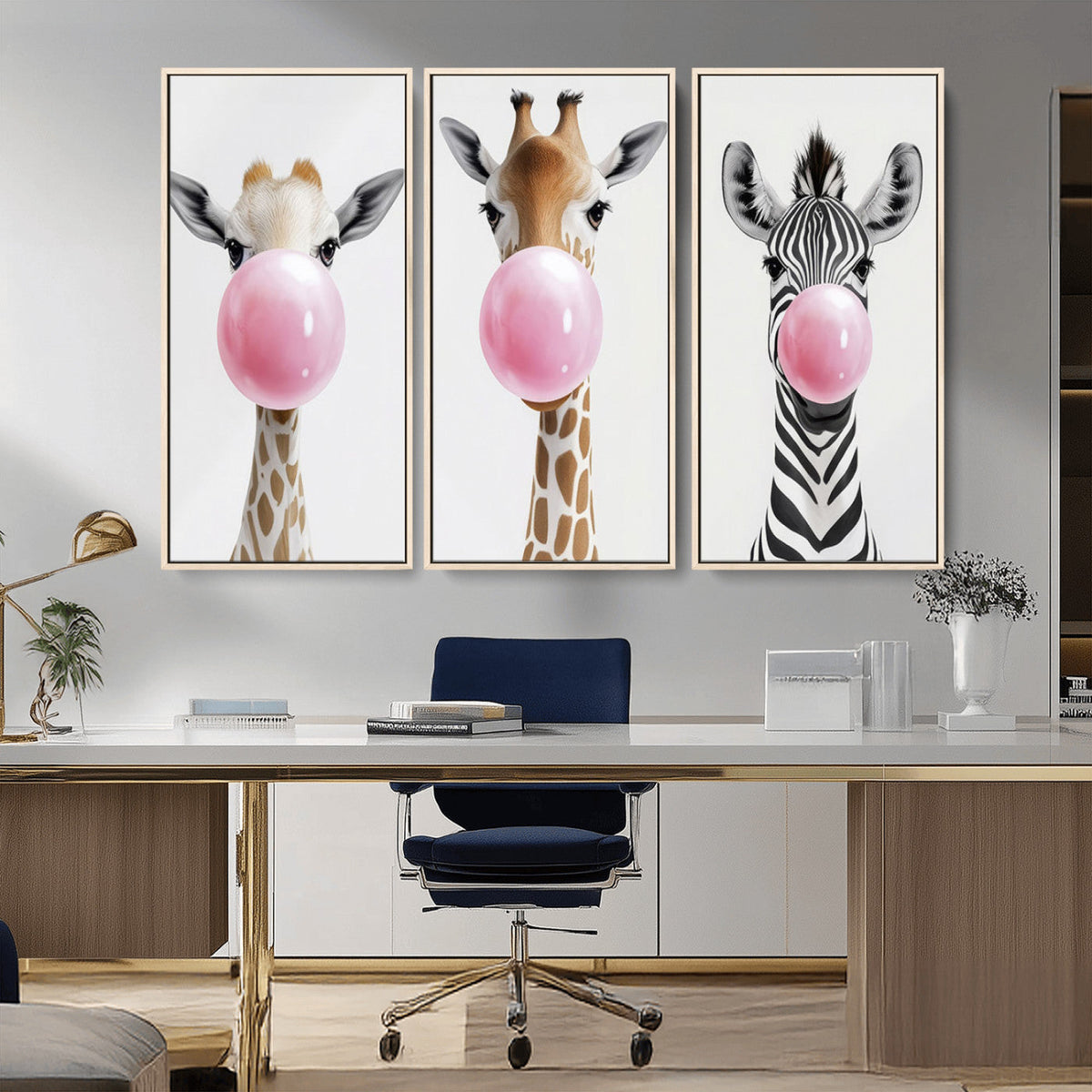 Bubblegum Animals Canvas Wall Art, Playful Giraffe and Zebra Trio, Whimsical Nursery and Kids Room Decor