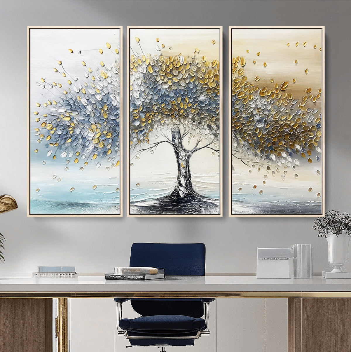 Golden and Silver Tree Wall Art | Framed Elegant Leaves Canvas