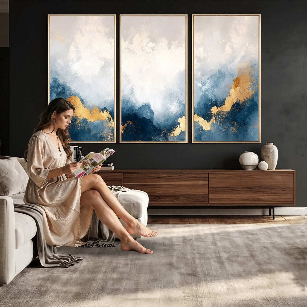 Abstract Blue and Gold Clouds Wall Art Canvas Print, Framed Modern Landscape Artwork