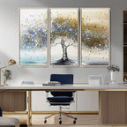 Silver Tree Wall Art | Framed Golden Leaves Canvas Artwork