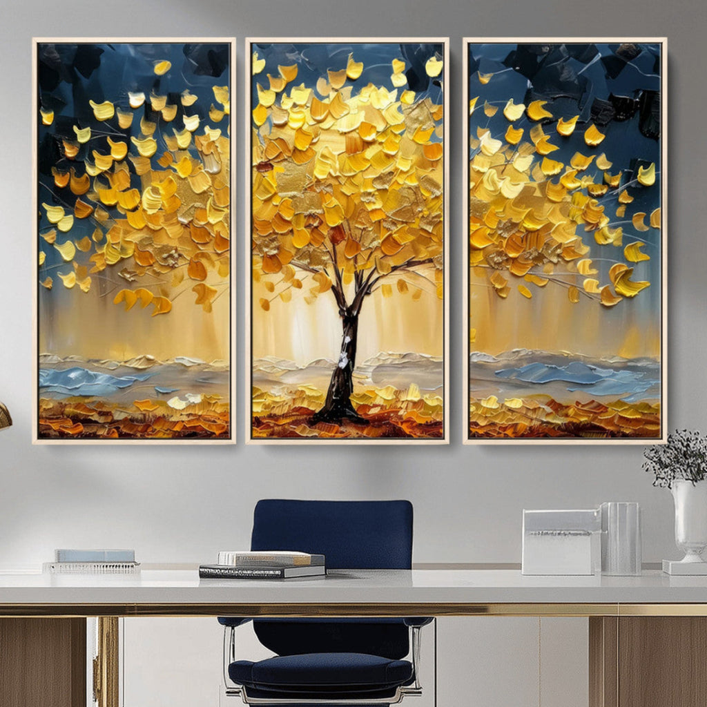 Golden Tree Wall Art | Framed Autumn Leaves Canvas Artwork