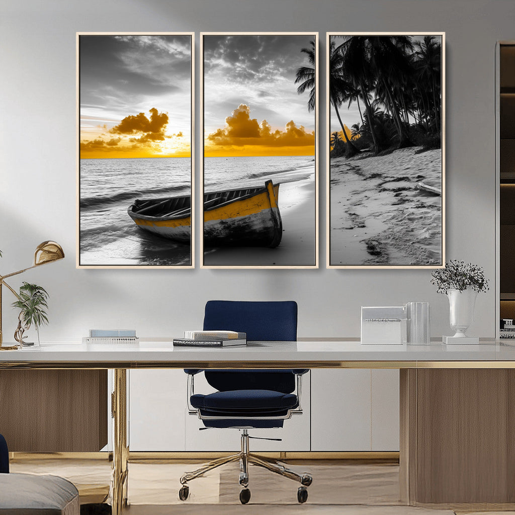 Yellow Rowboat Wall Art | Framed Tropical Shoreline Canvas