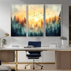 Sunrise Forest Wall Art | Framed Misty Pines Canvas Artwork
