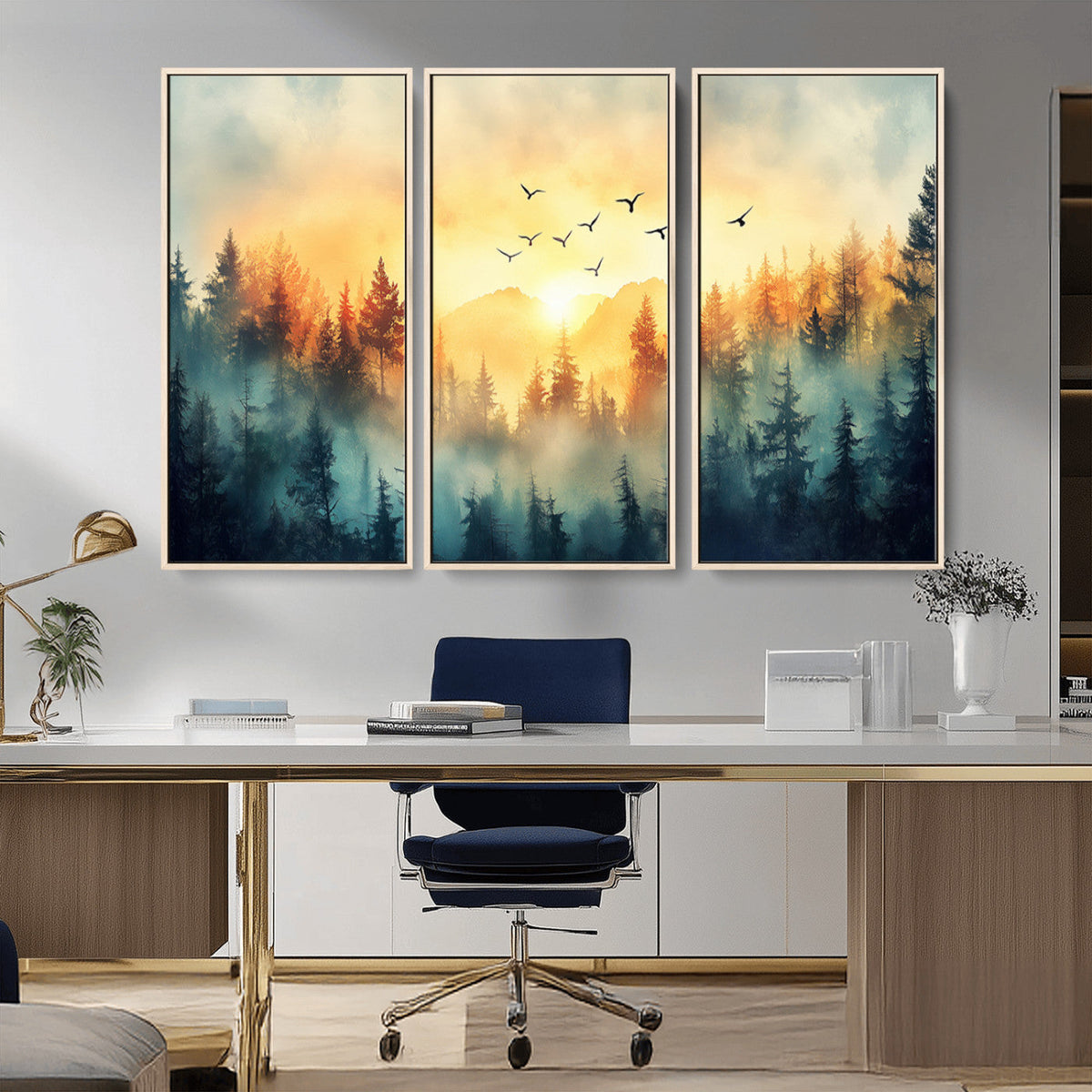Sunrise Forest Wall Art | Framed Misty Pines Canvas Artwork