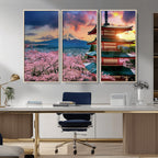 Mount Fuji Cherry Blossom Wall Art Canvas Print | Framed Pagoda Sunset