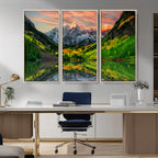 Sunset Glow Mountain Wall Art Canvas Print | Peaks, Green Forest and Lake